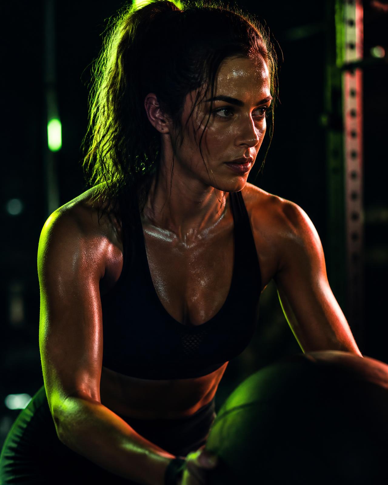 Athlete training in a dark gym lit with lime and coral light